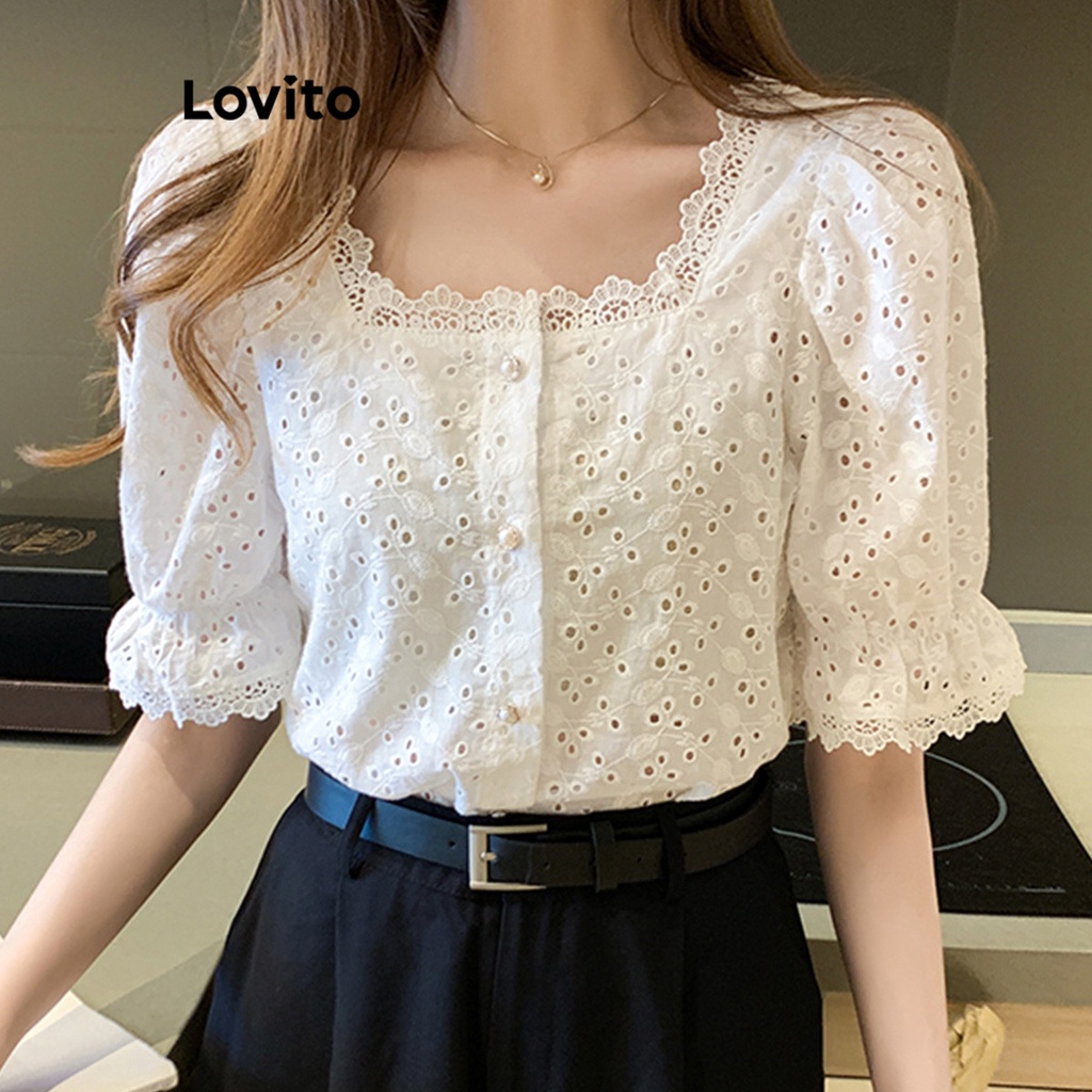 Lovito Blusas Femininas Casuais Lisas Com Ilhós Bordados E Fivela De Renda  Contrastante LNE16069 (Branco) - Escorrega o Preço