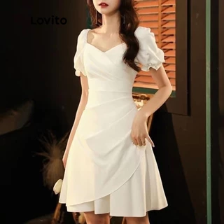 Lovito Casual Vestido Feminino Liso Midi Flare Frente Única com Manga Curta Bufante LNE02206 (Branco)