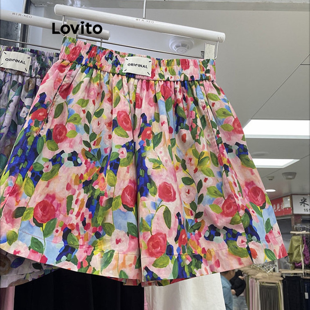 Lovito Shorts com Estampa Floral, Babados e Franzidos para Mulheres LNE16163 (Multi-Cor)