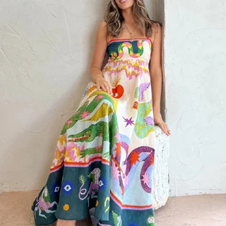 Verão Mulheres Novo Estilo Temperamento Temperamento Elegante Vestido Impresso de Cintura Alta
