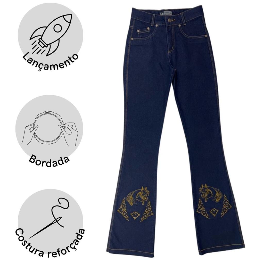 Calca Feminina Rodeio Country Original Jeans Escuro Com Bordado de ...