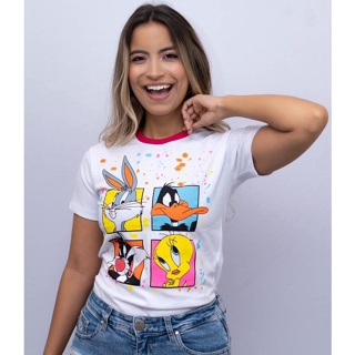 T-shirt Camiseta 100% algodão feminina coleção desenho personagens Turma Looney Tunes linha premium