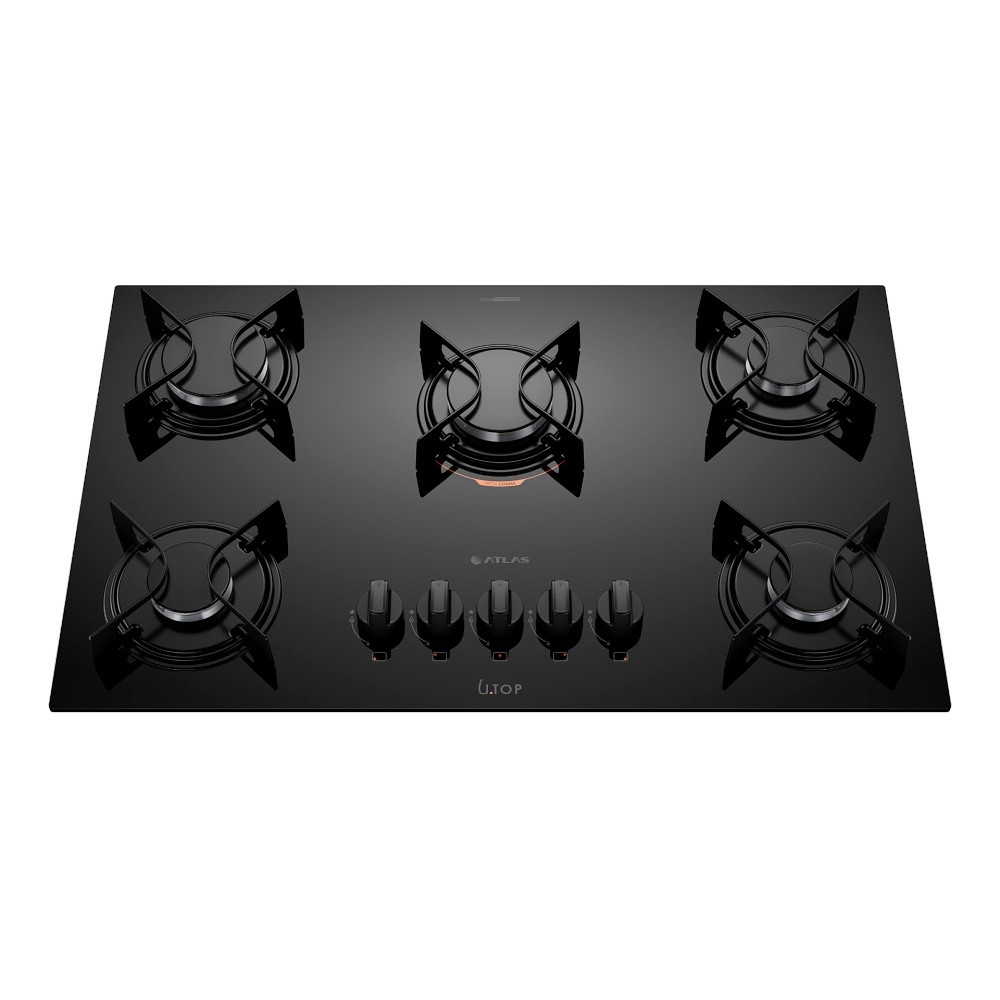 Cooktop 5 Bocas Atlas Preto com Mesa de Vidro U Top Bivolt