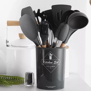 Jogo de Cozinha Kit C/12 Peças de Silicone, Utensílios e Copo Suporte para Cozinha Cabo de Madeira Yihan
