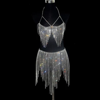 Europeu Americano Brilhante Rhinestone-Made Fringed Fringed Bra Braço Curto Corrente de saia de corpo Corrente de corpo Belly Dance Accessories