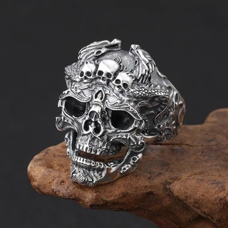 Retro Thai Silver Exagerado Anel de Crânio Dominativo Exagerado s925 Thai Silver Men Anel de Ajuste Aberto Popular Único