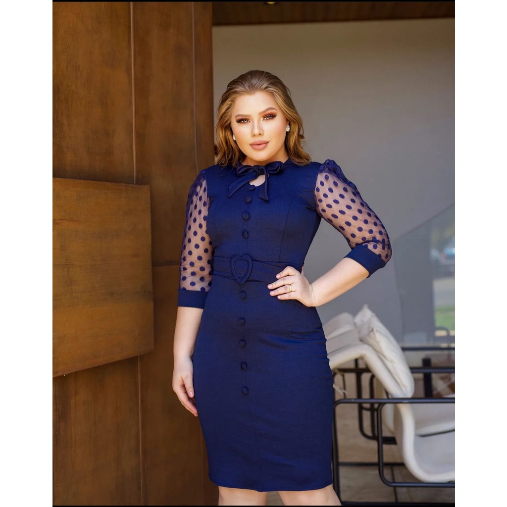 Vestido Plus Size Com Botões No Busto Azul Royal Rosê E Bege