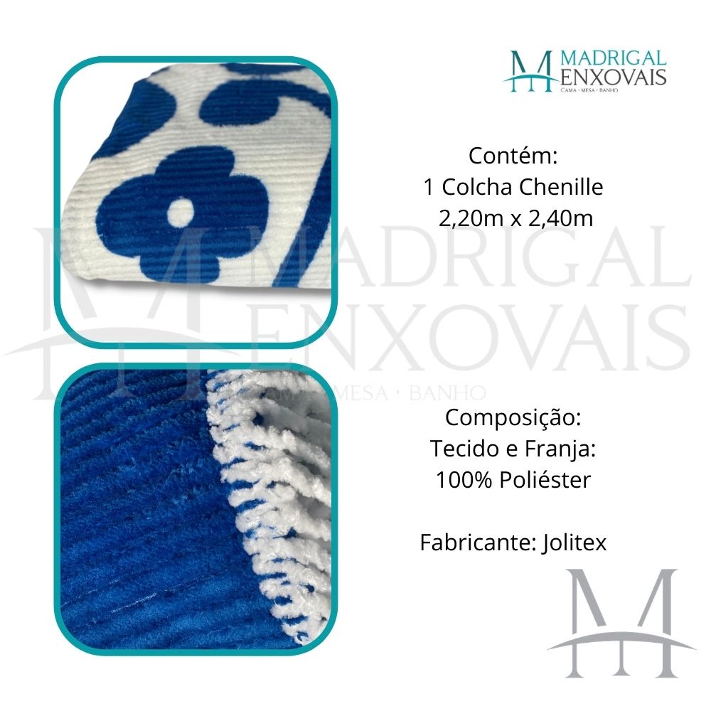 Colcha Chenille Jolitex Casal FLÓRIDA Com Franja 2,20x2,40m Azul