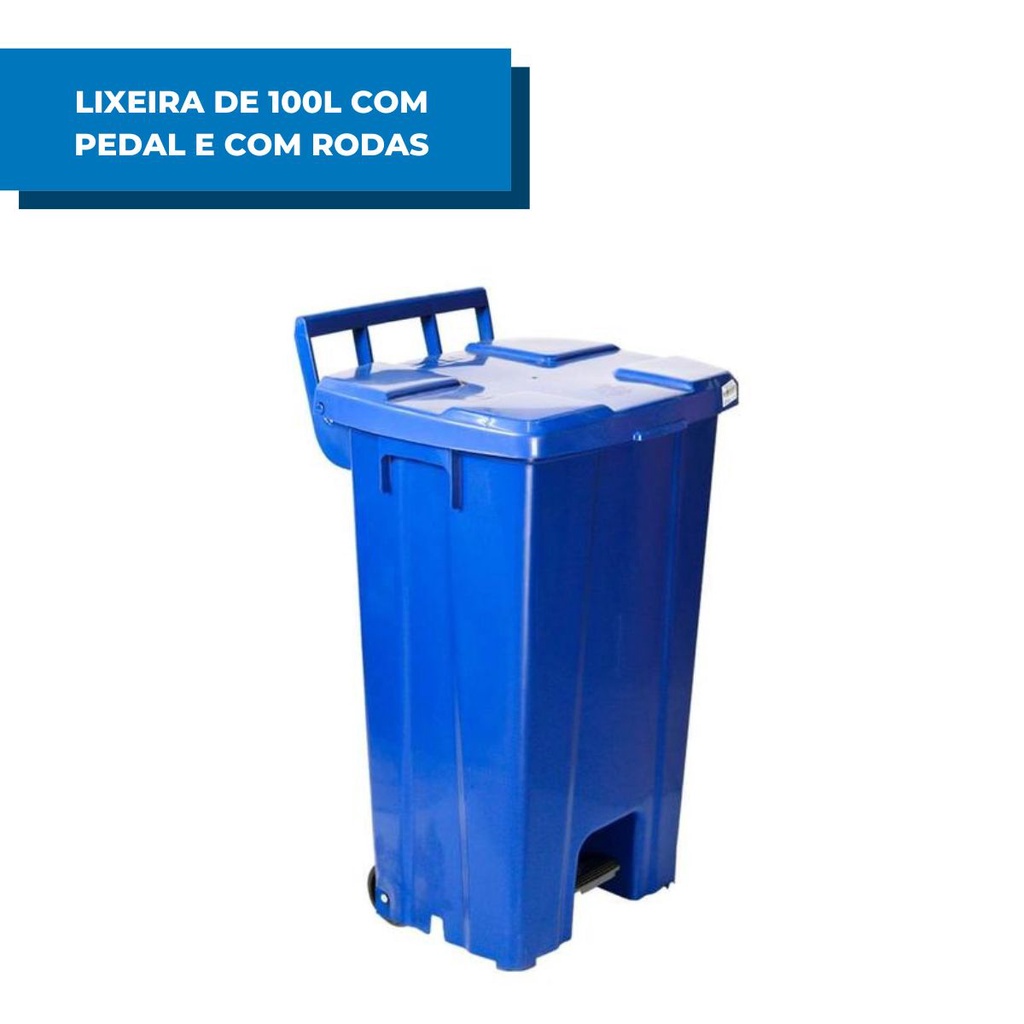 Lixeira 100 Litros Quadrada Azul Plástico Com Rodas E Pedal Cesto Resistente Descarte de Resíduo