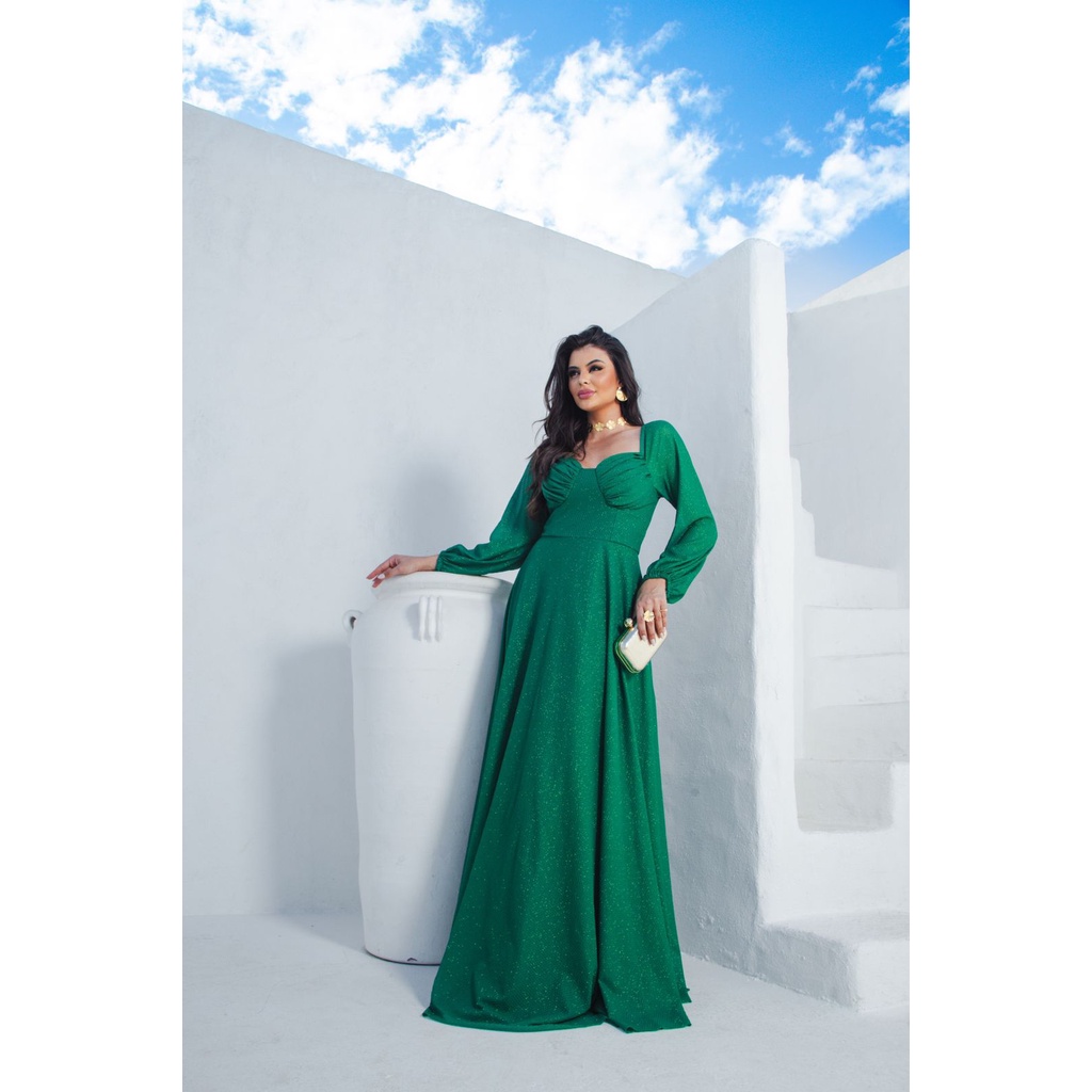 Vestido Corpete Manga Longa Verde Bandeira Mcoffee Festa