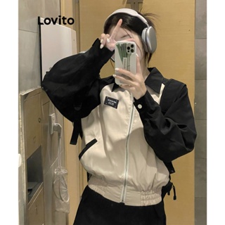 Lovito Jaqueta de Tecido Liso com Blocos de Cor para Mulheres L62ED074 (Preto e Branco)