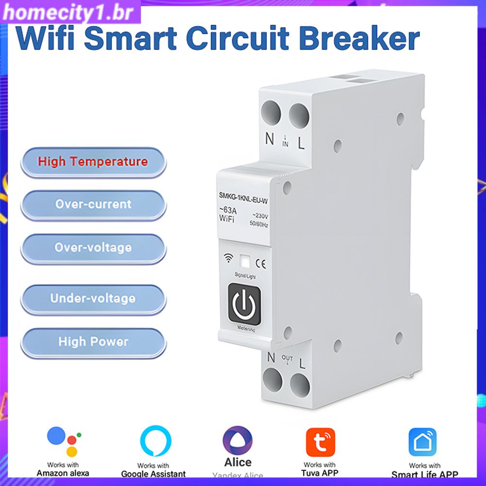 [Pronto] Disjuntor inteligente Tuya Wifi com medição 1p 63a Rail Din para casa inteligente sem fio Controle Remoto Switch Trabalhe com Alexa Google Home Yandex