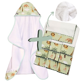 Toalha de Banho Bebe Dupla Camada + 6 Toalhas de Ombro para Bebê com Tecido Estampado 100% Algodão