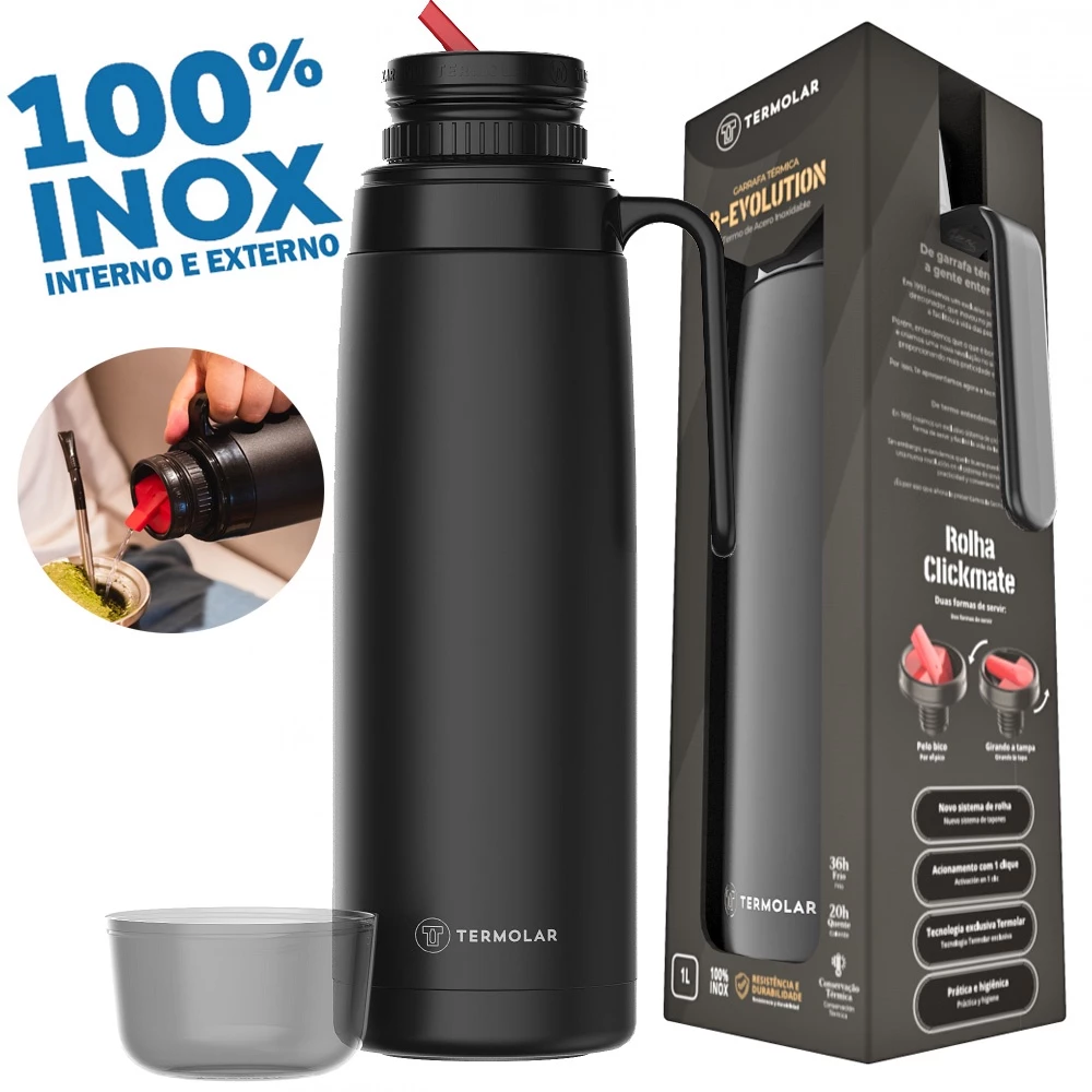 Garrafa Térmica R-Evolution Preta 100% Inox 1L Café Quente 20H Termolar