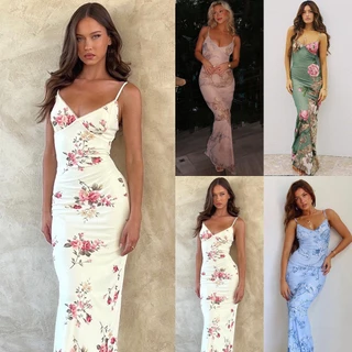 Verão 2024 novas mulheres casuais longo maxi boho praia com tiras vestidos de festa florais