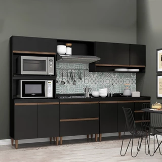 Cozinha Modulada Compacta com Torre Quente Sabrina 280 x 202 Cm 5 Peças MDP Preto MENU