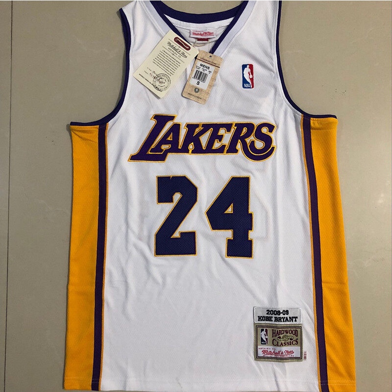 Autêntico Bordado Requintado Jersey Los Angeles Lakers Kobe Bryant Mitchell Ness Hardwood Clássicos Em V Com Pescoço-Branco/Amarelo/Púrpura