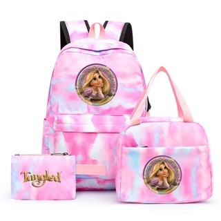 3pcs Disney Tangled Rapunzel Princesa Colorida Mochila com Lunch Bag para Mulheres Adolescentes Mochila Casual Mochilas Escolares Conjuntos
