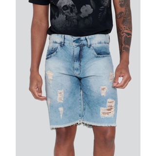 Bermuda Jeans Masculina Destroyed Azul Claro