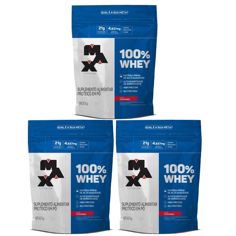 Kit 3 unidades 100% Whey Refil 900g Morango – Max Titanium