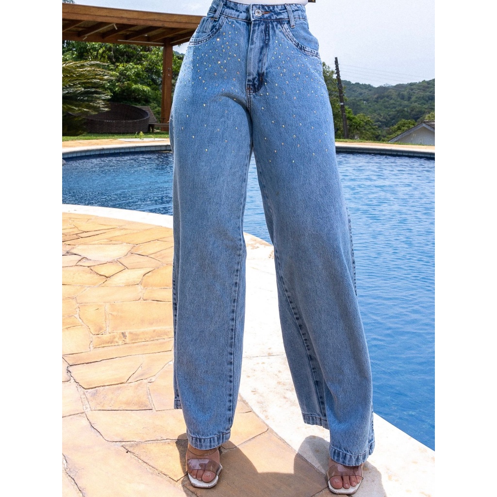 Calça Jeans Feminina Wide Leg Marmorizada com Strass Modelo Premium ...