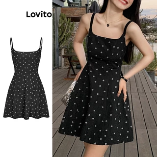 Lovito Casual Vestido Feminino Floral Plissado com Laço Traseiro L68ED147 (Preto)