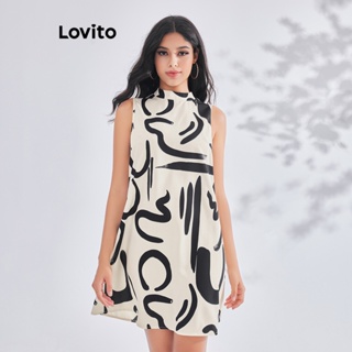 Lovito Vestido Básico com Recortes Geométricos para Mulheres LBE03013 (Preto e Branco)