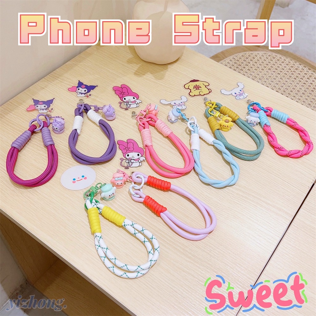 Alça Para Telefone Lovely Kuromi Melody Cinnamoroll Pom Purin Design Celular Anti-Perda Corrente De Cordão Curto Com Cartão Fone De Ouvido Bluetooth Chaveiro De Mochila Exterior