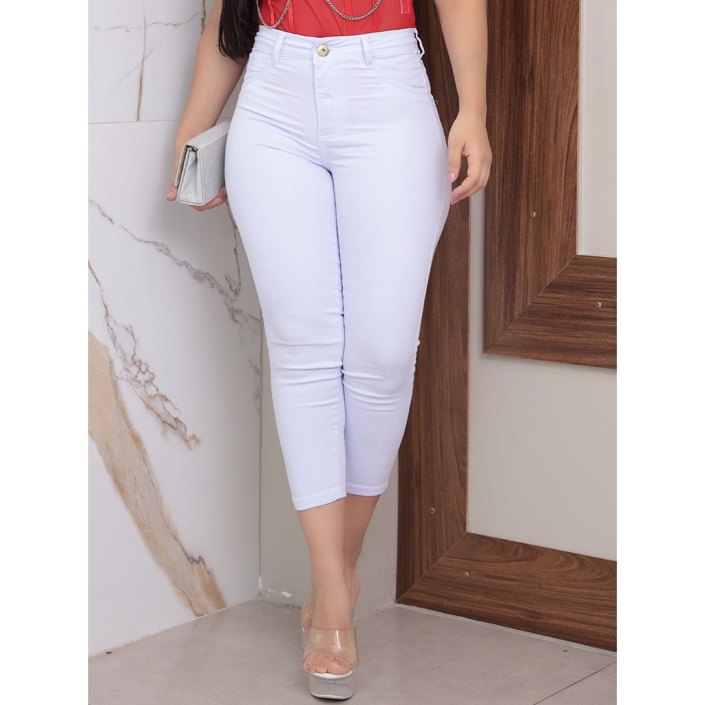 Calça Capri curta branca feminina jeans com lycra elastano cintura