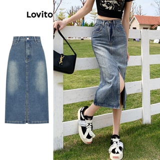 Lovito Saia Jeans Casual Lisa Com Frente Dividida Para Mulheres L74ED018