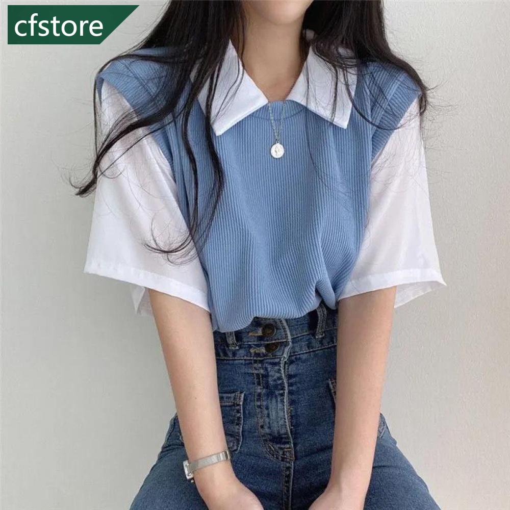 Blusa Femenina Versión Coreana V-eck Camisa De Gasa De Manga Corta