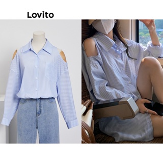 Lovito Blusa Casual Listrada Com Bolso E Ombro Frio Padrão Para Mulheres L73AD009