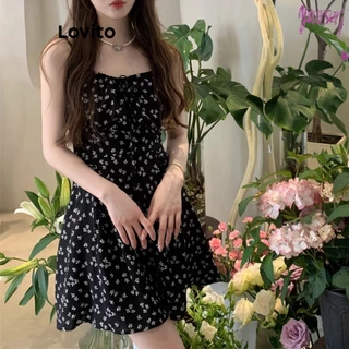 Lovito Vestido Casual de Verão Estampado Floral Delicado com Drapeado A-Line para Mulheres LNA21014 (Preto)