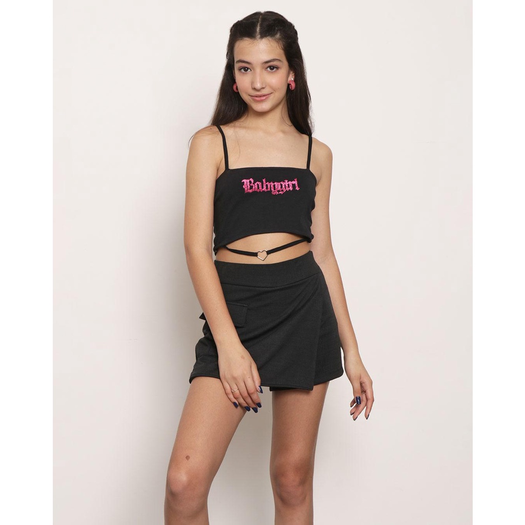 Regata Juvenil Cropped Tira Com Coração Rosa