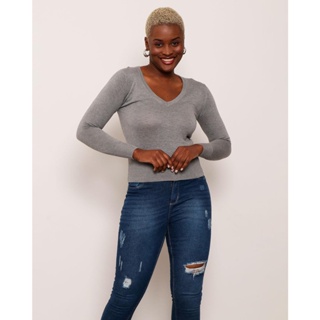 Blusa Feminina Tricô Gola V Cinza