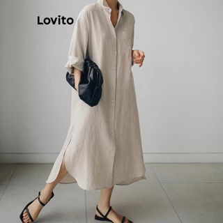 Lovito Vestido Feminino Elegante Com Botões Frontais Divididos LNE20158 (Caqui Claro)