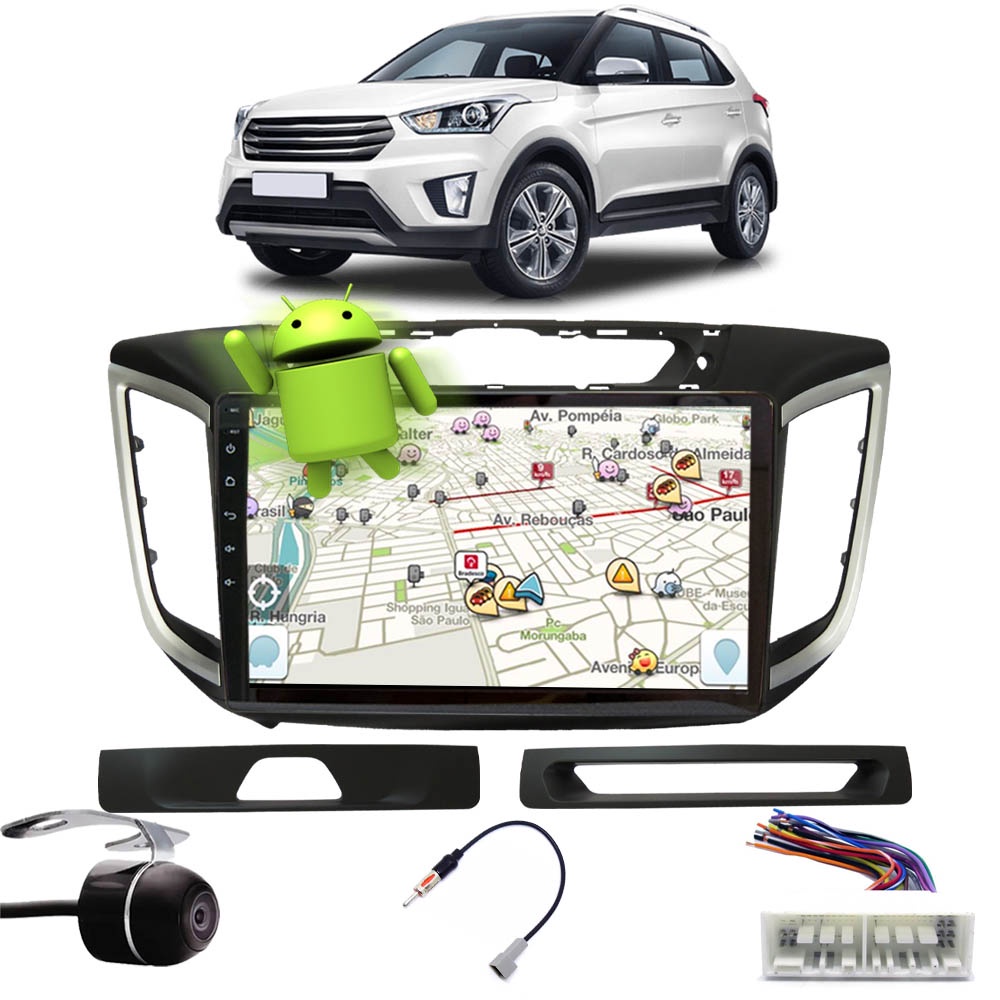 Multimídia 10" Polegadas Hyundai Creta Android Espelhamento Bluetooth USB + Câmera de Ré + Chicote + Adaptador de Antena