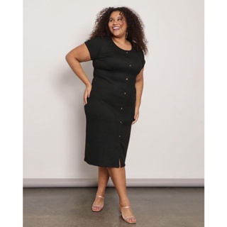 Vestido Plus Size Feminino Midi Com Botões Canelado Preta