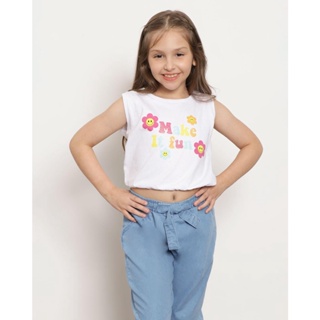 Regata Infantil Cropped Estampa Flores Com Elástico na Barra Branco