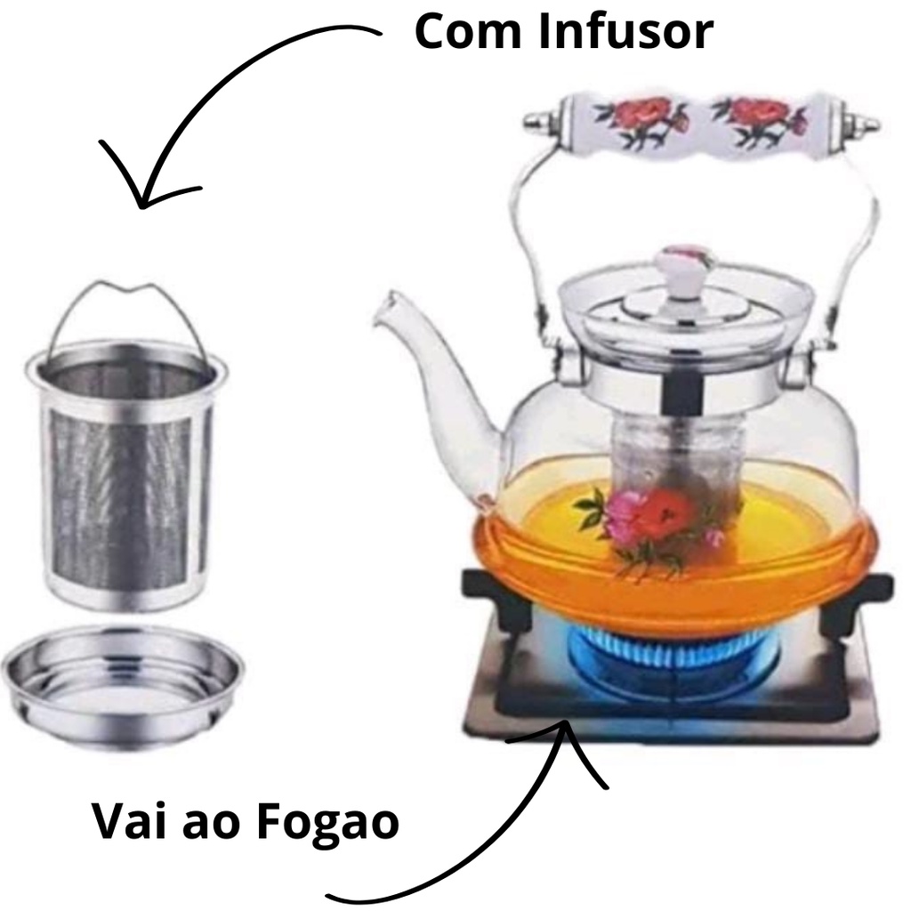 Chaleira de Vidro Com Infusor - Estampada - 1 Litro - Pode ir ao Fogo - Ch  Caf gua Bebidas - Ala de Inox e ceramica | Shopee Brasil