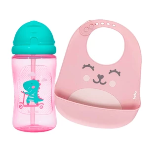 Conjunto com Garrafinha Animal Fun Dino 340ml Com Babador de Silicone com Pega Migalhas Rosa Buba
