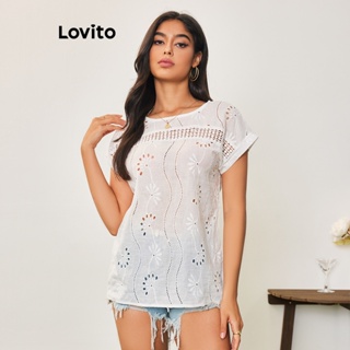 Lovito Casual Blusa Feminina Lisa com Babado Grande e Ilhós Bordados LBA05054 (Branco)