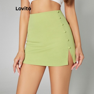 Lovito Casual Saia Feminina Lisa de Tecido Texturizado com Botão LBA05175 (Verde)