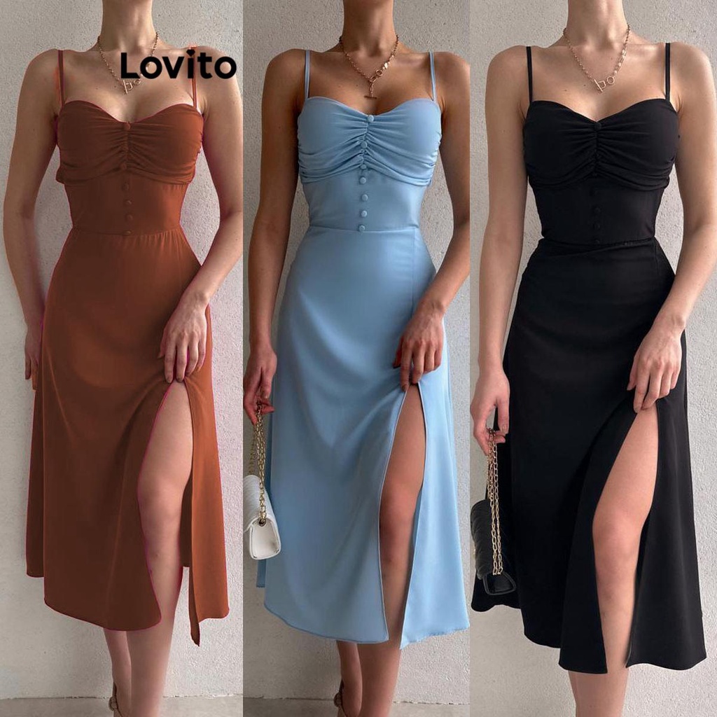 Lovito Vestido Plissado Frontal Elegante Com Botão Dividido Liso Para Mulheres LNL39191 (Marrom/Azul Claro/Preto)