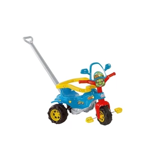 Triciclo Infantil Motoca com Empurrador Dino Azul Menino Bebê Magic Toys