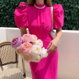 Lovito Vestido Elegante Liso Sem Costas Com Amarração Nas Costas E Mangas Bufantes Para Mulheres LNL35051 (Rosa Quente)