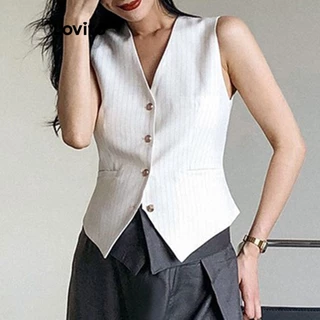 Lovito Casual Regata Feminina Simples com Botão Frontal LNE37307 (Off-White)