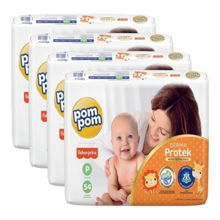 Fralda Descartável Pom Pom Derma Protek Mega Tamanho P - 4 Pacotes com 54 Fraldas - Total 216