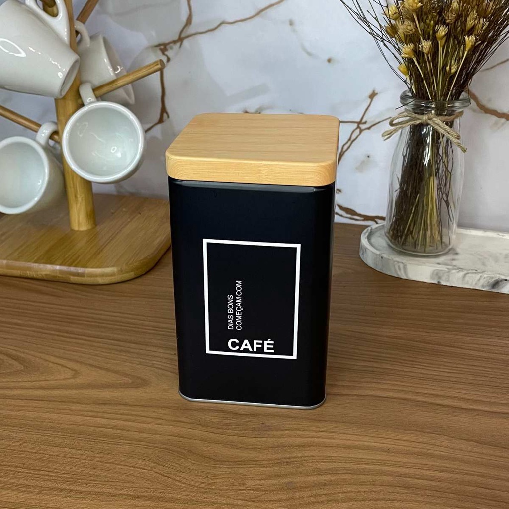 Lata Porta Condimento Café - 500G - Tampa imitando Bambu