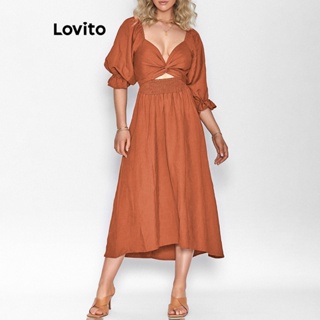 Lovito Vestido Casual Plissado Liso Para Mulheres LNE31006 (Damasco/Laranja Vermelho/Verde/Preto)